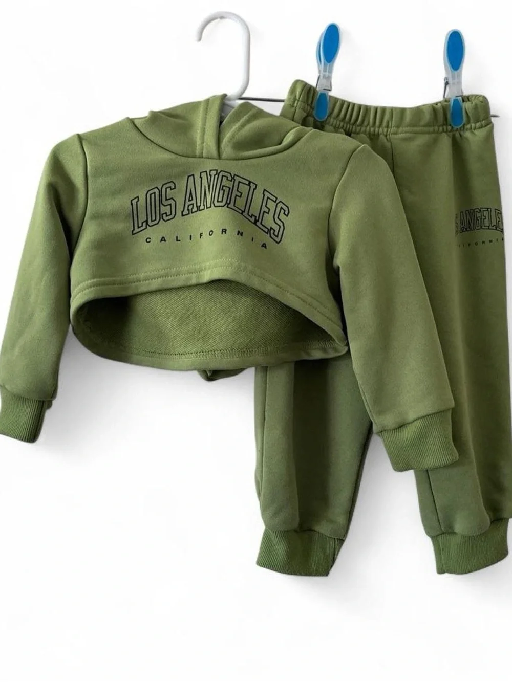 9-12M Girl 2 Piece Set Olive Green Cropped Hoodie Sweatpants